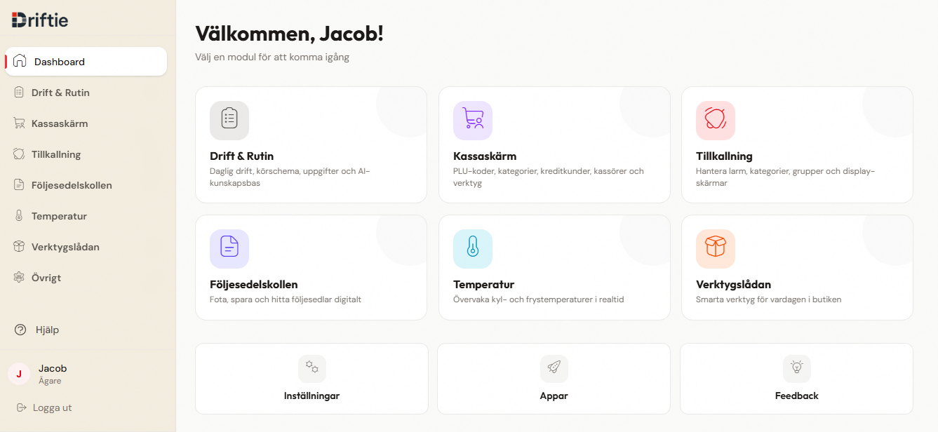 Drifties dashboard med alla moduler
