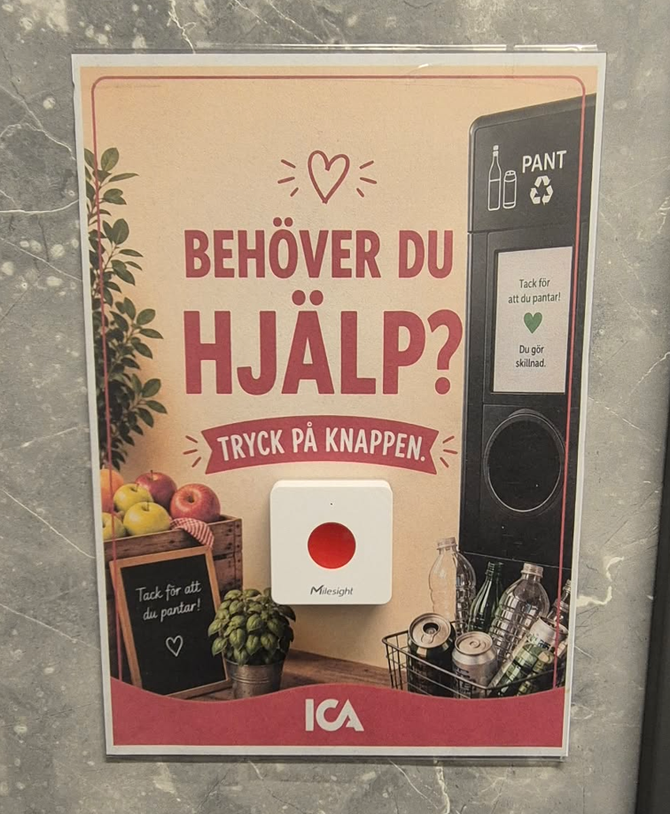Behöver du hjälp-skylt med tillkallningsknapp vid panten